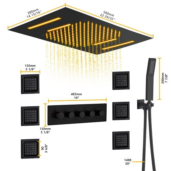 Cascada Luxury 15"x23" Bluetooth Shower Speaker System with LED Music Shower - Dimensions