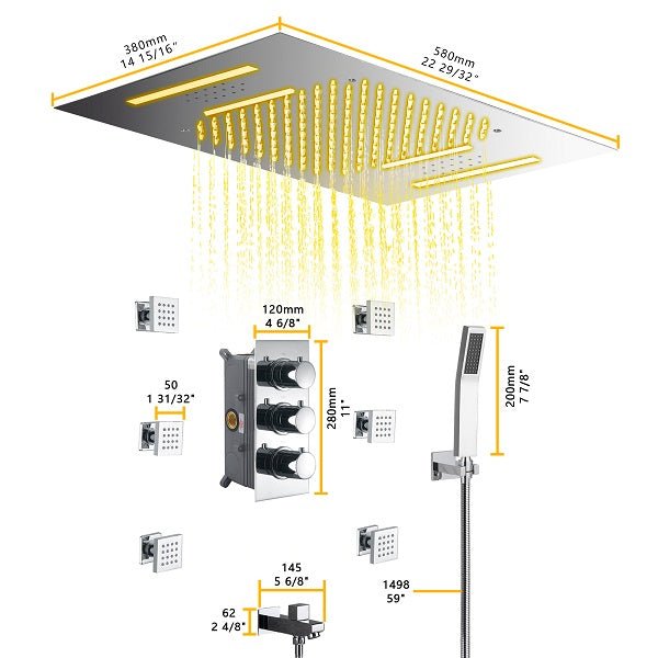 Cascada Showers 15”x23” Music LED shower system with built-in Bluetooth Speaker, 4 function - Detail View 2