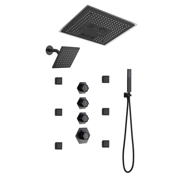 Cascada Maui 16" Matte Black LED Music Dual Shower Head System - Installation View