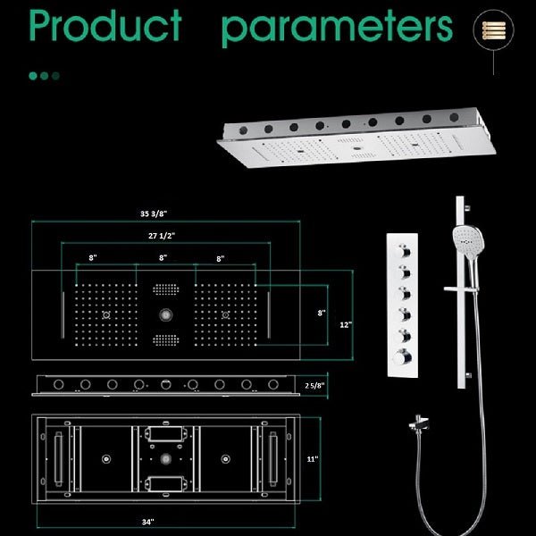 Cascada Milano 12"x36" Luxurious LED Shower System - Dimensions