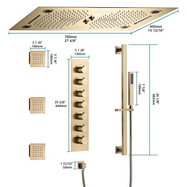 Cascada Pisa 16"x28" Brushed Gold Bluetooth LED Shower System - Lifestyle View