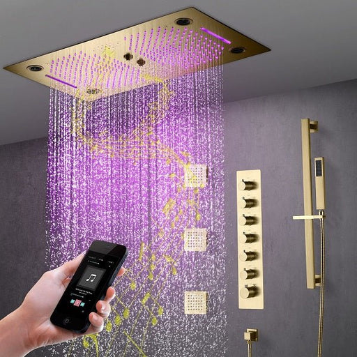 Cascada Pisa 16"x28" Brushed Gold Bluetooth LED Shower System