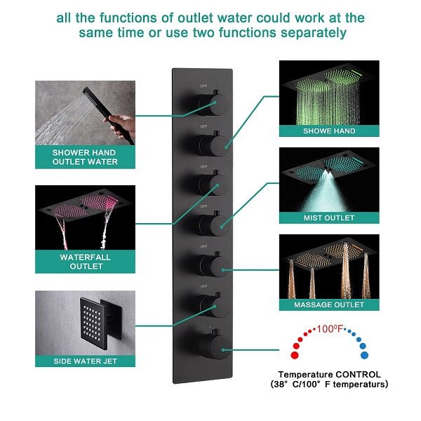 Cascada Pisa 16"x28" Matte Black Bluetooth LED Shower System - Detail View