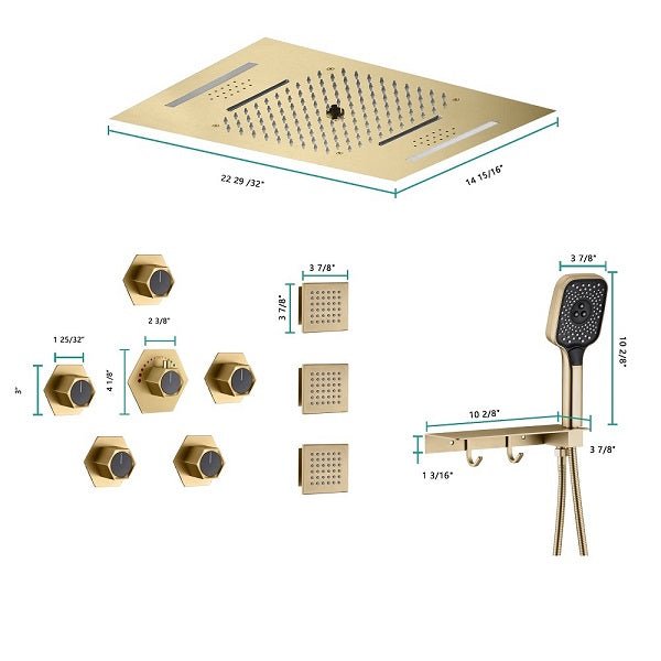 Cascada Positano 15"x23" Brushed Gold Music LED Shower System - Dimensions