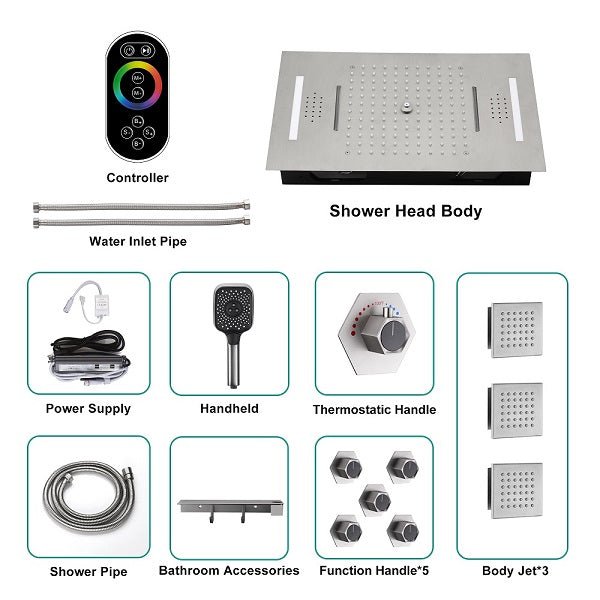 Cascada Positano 15"x23" Brushed Nickel Music LED Shower System - Close-Up