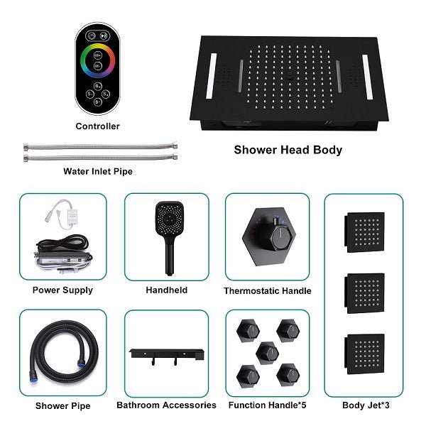 Cascada Positano 15"x23" Matte Black LED Music Shower System - Detail View