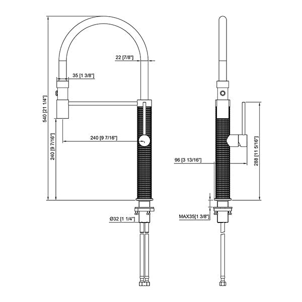 Cascada Pristine Pull Down Kitchen Faucet with Sprayer - Dimensions