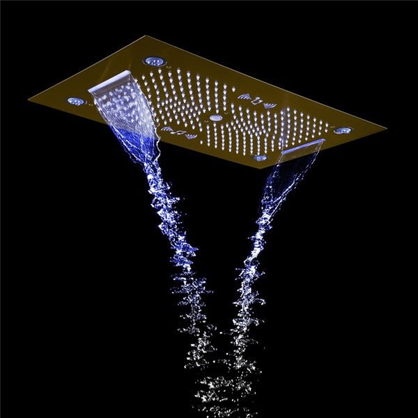 Cascada Rainbow 16"x28" Brushed Gold LED Bluetooth Shower System - Installation View