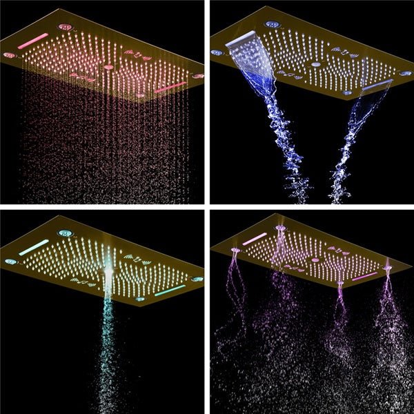 Cascada Rainbow 16"x28" Brushed Gold LED Bluetooth Shower System - Side View