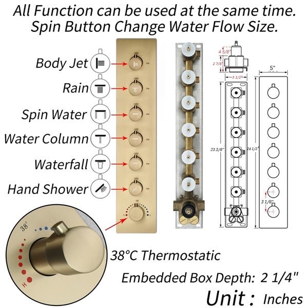 Cascada Rainbow 16"x28" Brushed Gold LED Bluetooth Shower System - Close-Up