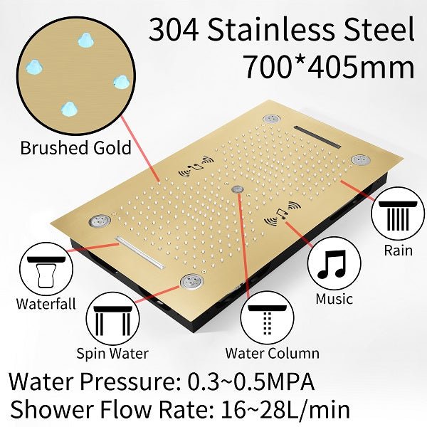 Cascada Rainbow 16"x28" Brushed Gold LED Bluetooth Shower System - Dimensions