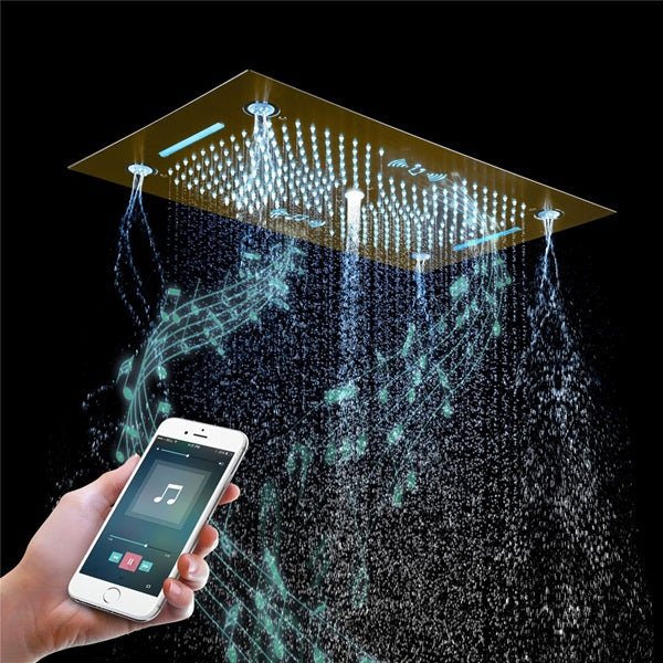 Cascada Rainbow 16"x28" Brushed Gold LED Bluetooth Shower System - Detail View