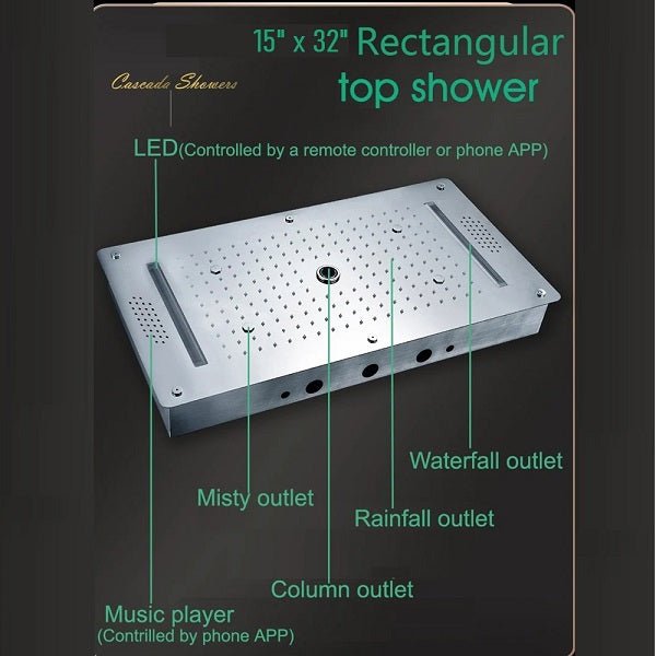 Cascada Ravenna: 15”x32” Bluetooth Shower System with LED Lights, 6 Functions - Detail View
