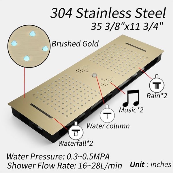 Cascada Riviera 12"x36" LED Bluetooth Shower System - Detail View