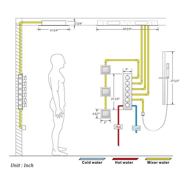 Cascada Riviera 12"x36" LED Bluetooth Shower System - Side View