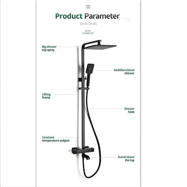 Cascada Rubinetto 10" Matte Black Thermostatic Shower Faucet - Features