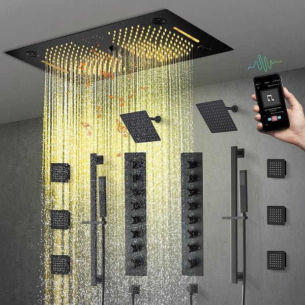 Cascada Sicilian 16"x28" Music LED Waterfall Shower System with Dual Rain Showerheads - Dimensions