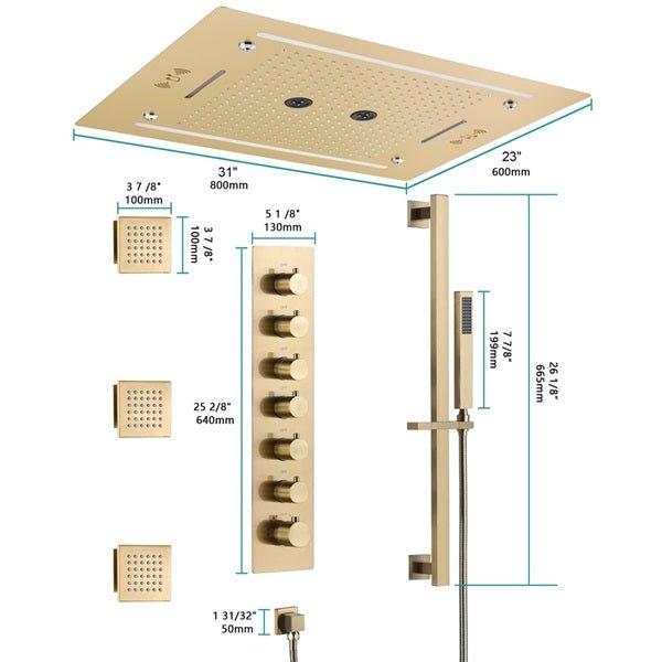 Cascada Venice 23"x31" Brushed Gold Music LED Shower System - Lifestyle View