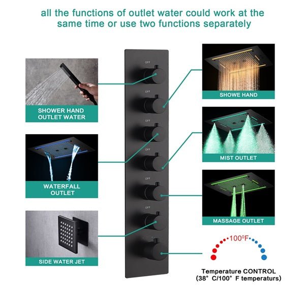 Cascada Venice 23"x31" Matte Black LED Shower System - View 15