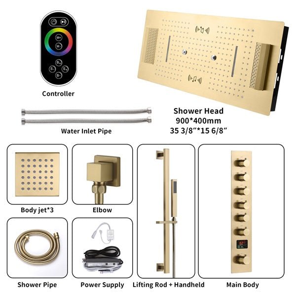 Cascada Verona 16"x36" Brushed Gold Music LED Digital Shower System - Close-Up