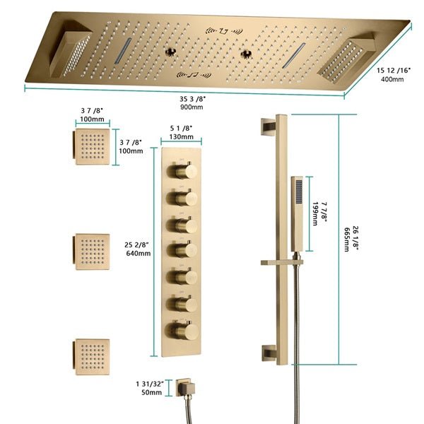 Cascada Verona 16"x36" Brushed Gold Music LED Shower System - Lifestyle View