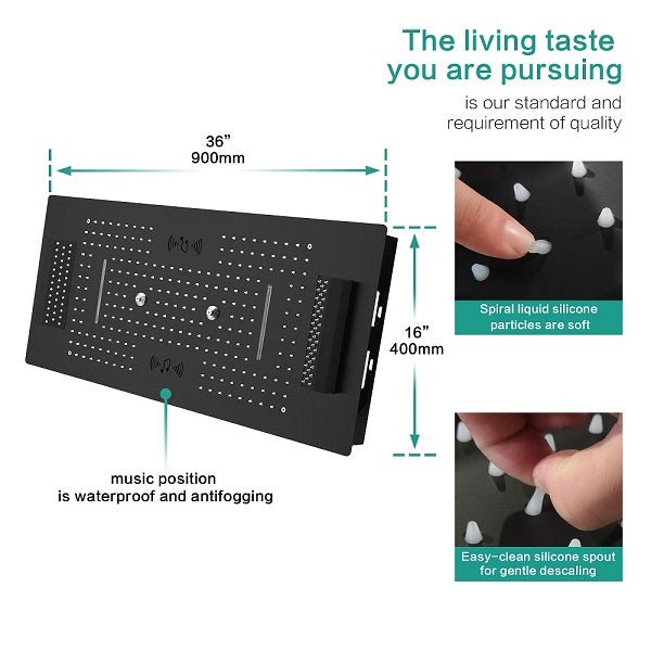 Cascada Verona 16"x36" Matte Black Bluetooth LED Showerhead Shower Head - Close-Up