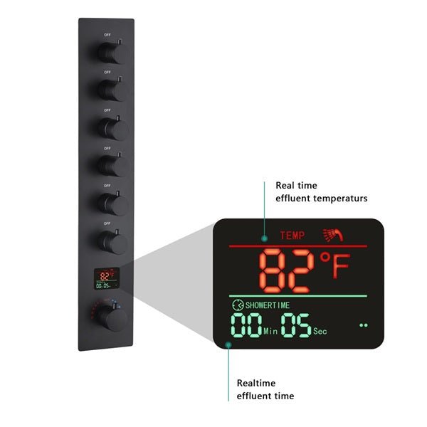 Cascada Verona 16"x36" Matte Black Music LED Digital Shower System - Detail View