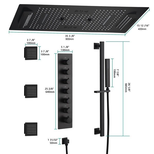 Cascada Verona 16"x36" Matte Black Music LED Shower System - Lifestyle View