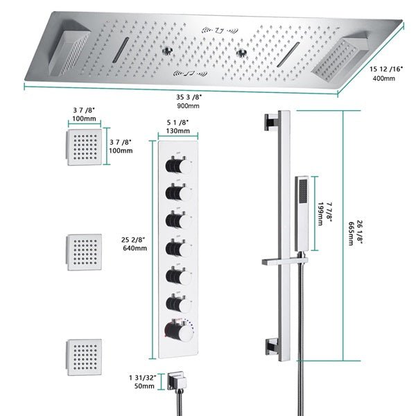Cascada Verona 16"x36" Music LED Shower System - Dimensions
