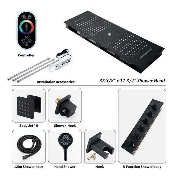 Cascada Victoria 12"x36" Matte Black LED Bluetooth Shower System - Close-Up