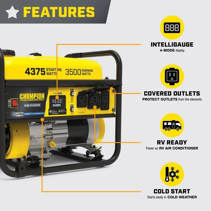 Champion 3500W Portable Generator w/ CO Shield – 4375 Starting Watts Gas RV-Ready Generator, 120V, 212cc... - Detail View