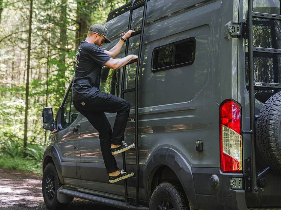 Flatline Van Co. 2023-2025 Ford Transit Trail Side Ladder High Roof – on the trail, image 3 of 7
