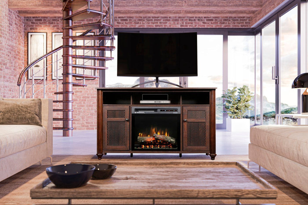 Xavier 56-Inch Electric Fireplace and Log Set in Warm Grainery Brown with 23-Inch Media Console (GDS23L8-1904GB) - detail close-up