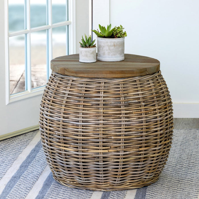 Park Hill Collection Rattan Side Table with Removable Teak Top (