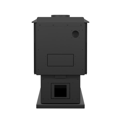 Drolet Escape 1200 N DB03183 wood stove rear view with top flue collar and pedestal base