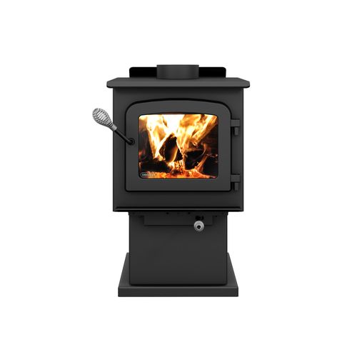 Drolet Escape 1200 N DB03183 wood stove front view with cast iron door and ceramic glass