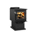 Drolet Escape 1200 N DB03183 wood stove three-quarter view from the left with ash lip and pedestal