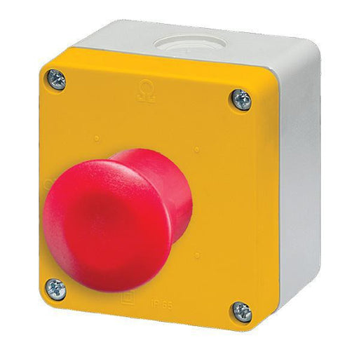 IMO Emergency Stop Pull Button - 500VAC - 1NO + 1NC - Emergency Stop Pull Button yellow box with red button sticking out front view
