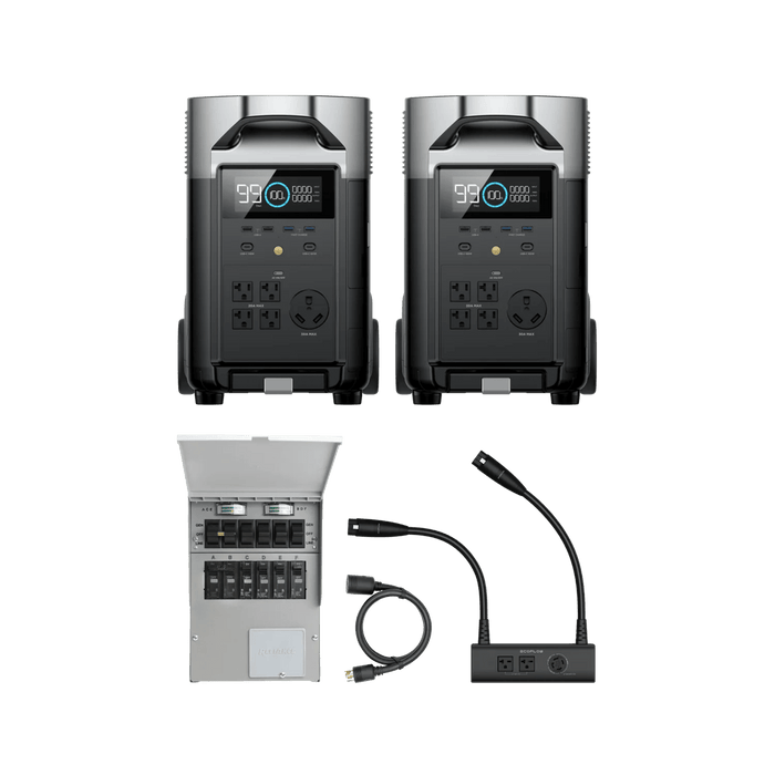 DELTA Pro 2-Pack + Double Voltage Hub + Transfer Switch - front view