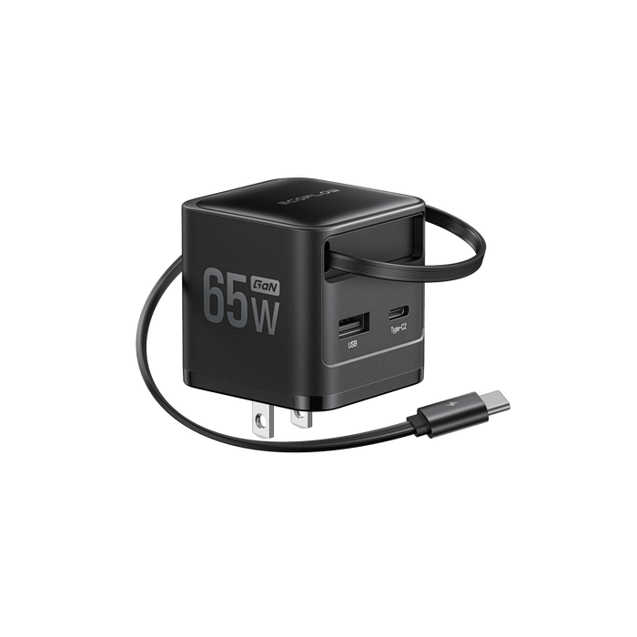 RAPID Charger (65W, Retractable Cable, GaN) - angled view