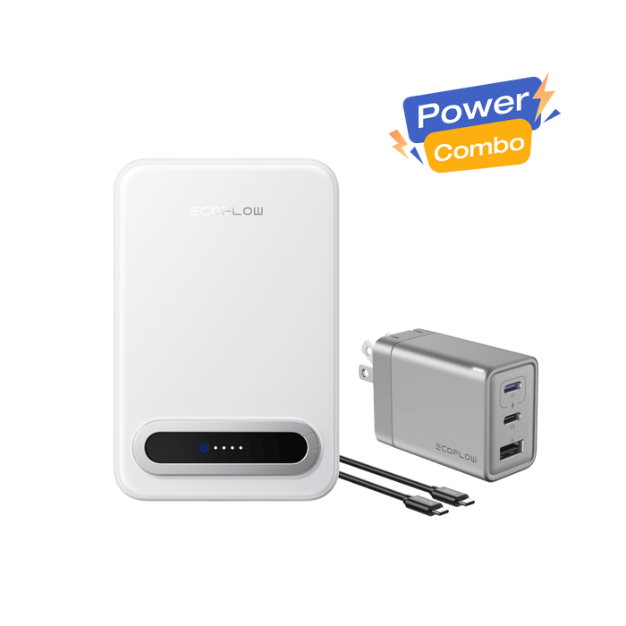 RAPID Mag Qi2 Power Bank (10K, 15W) + RAPID 65W GaN Charger with 100W Cable - angled view