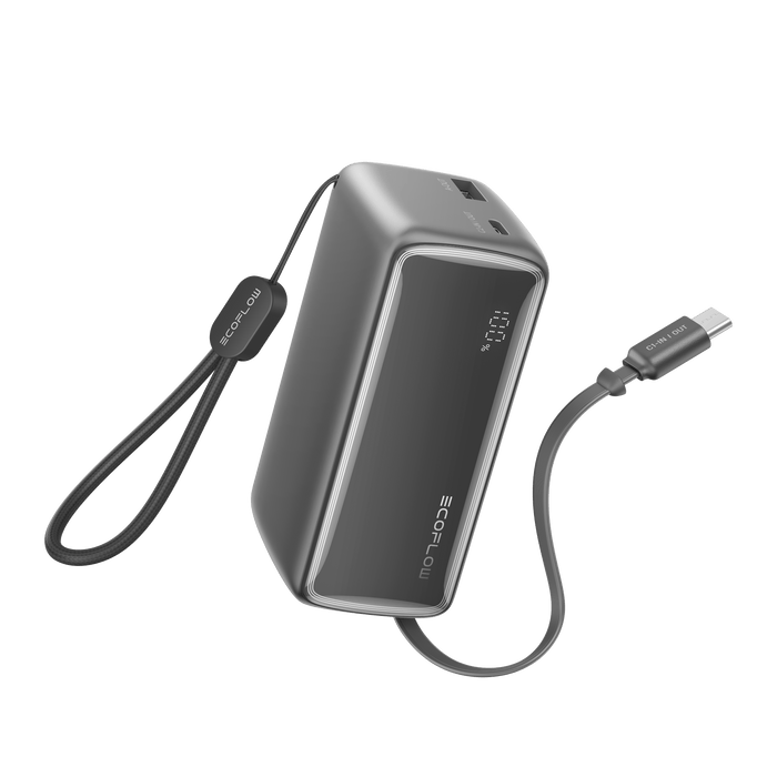 RAPID Power Bank (10K, 45W, Retractable Cable) - angled view