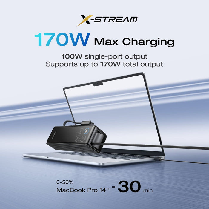 RAPID Power Bank (25,000mAh, 170W, 100W Built-In and Retractable Cables) - angled view