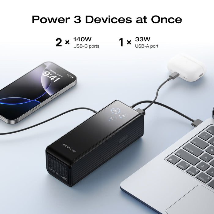 RAPID Power Bank (25,000mAh, 170W) + 140W Charger + 240W Cable - size and scale