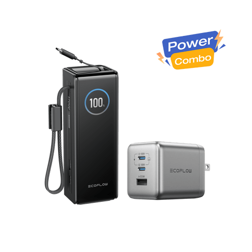RAPID Power Bank (25K, 170W, 100W Built-In and Retractable Cables) + 100W Charger - front view