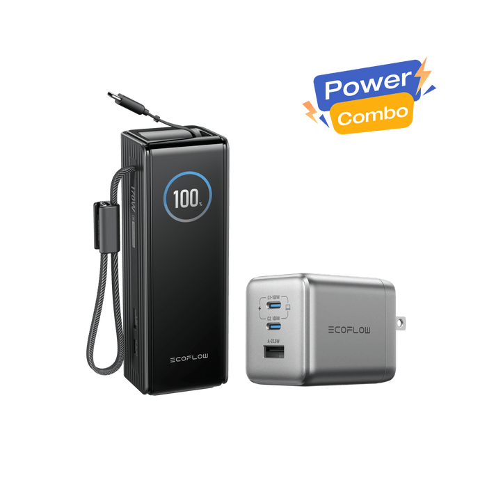 RAPID Power Bank (25K, 170W, 100W Built-In and Retractable Cables) + 100W Charger - front view