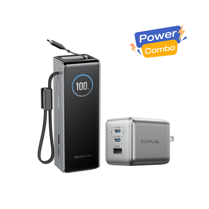 RAPID Power Bank (25K, 170W, 100W Built-In and Retractable Cables) + 100W Charger - angled view