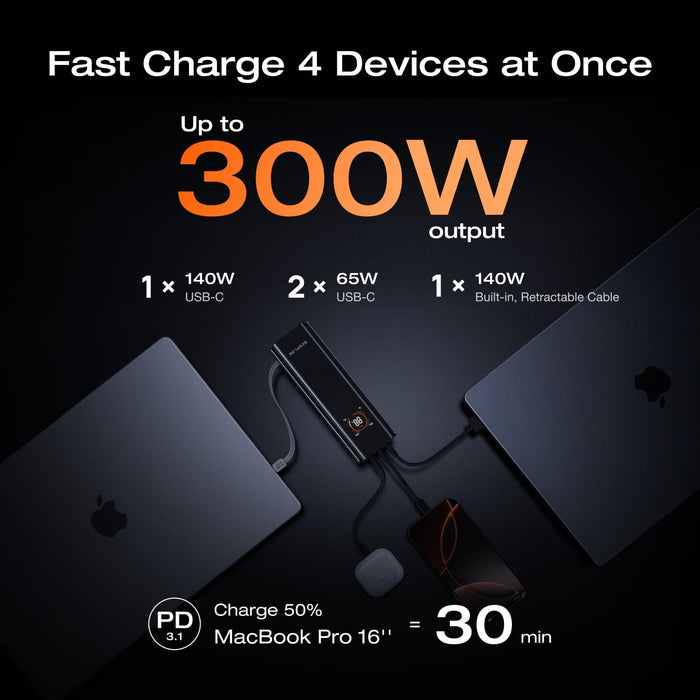 RAPID Pro Power Bank (27,650mAh, 300W, 140W Built-in Cable) - angled view