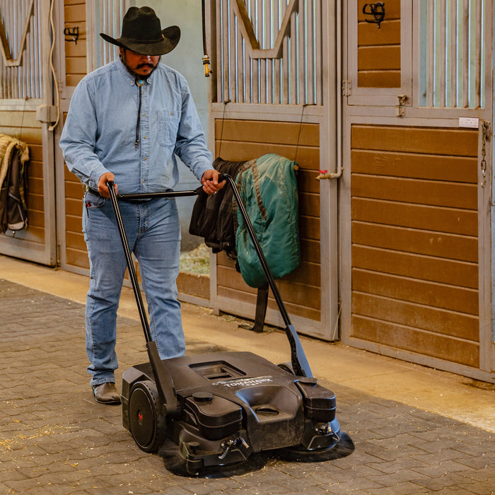 30" Battery Powered Push Sweeper with Triple Power Brooms Electric Drive and Dust Suppression Sprayer - angle view