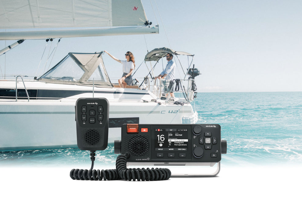 em-trak X100 VHF/DSC/AIS radio installed at a boat helm